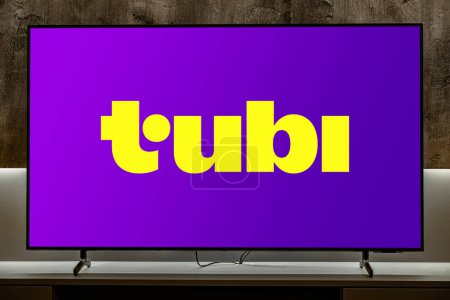 Photo for POZNAN, POL - MAR 01, 2024: Flat-screen TV set displaying logo of Tubi, an American over-the-top content platform and ad-supported streaming service owned by Fox - Royalty Free Image