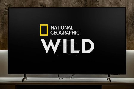 Téléchargez les photos : POZNAN, POL - MAR 01, 2024 : Téléviseur à écran plat affichant le logo de National Geographic Wild, un réseau mondial de télévision payante appartenant à National Geographic Partners - en image libre de droit