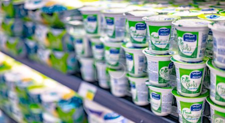 Téléchargez les photos : MUSCAT, OMAN - MAR 14, 2024 : Produits laitiers mis en vente dans un réfrigérateur commercial au supermarché - en image libre de droit