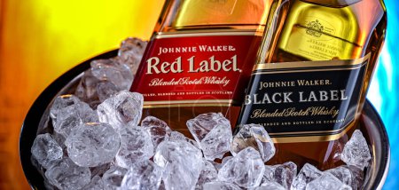 Foto de POZNAN, POL - 28 DE FEB DE 2024: Botellas de Johnnie Walker, la marca de whisky escocés mezclado más distribuida del mundo con ventas de más de 130 millones de botellas al año. - Imagen libre de derechos