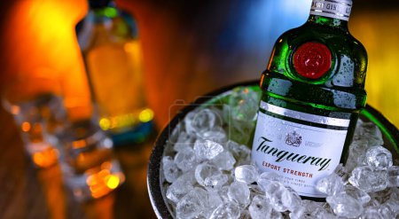 Photo for POZNAN, POL - APR 12, 2024: Bottle of Tanqueray, a brand of gin produced by Diageo plc and marketed worldwide - Royalty Free Image
