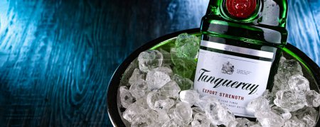 Photo for POZNAN, POL - APR 12, 2024: Bottle of Tanqueray, a brand of gin produced by Diageo plc and marketed worldwide - Royalty Free Image