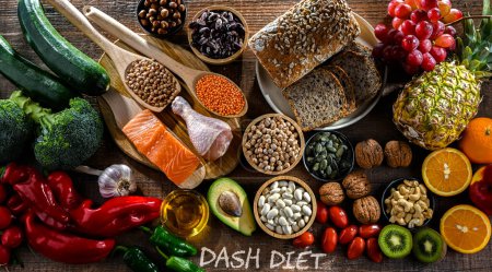 Food products representing the DASH diet which was created to help lower high blood pressure