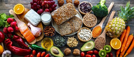 Foto de Productos alimenticios que representan la dieta DASH que se creó para ayudar a bajar la presión arterial alta - Imagen libre de derechos