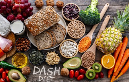 Photo for Food products representing the DASH diet which was created to help lower high blood pressure - Royalty Free Image