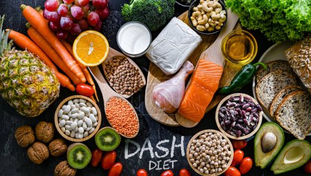 Photo for Food products representing the DASH diet which was created to help lower high blood pressure - Royalty Free Image