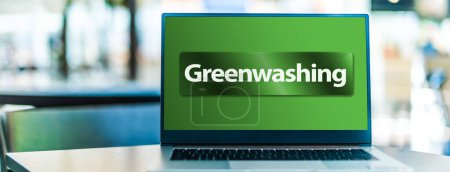 Laptop computer displaying the sign of Greenwashing or deceptive environmentally friendly PR strategy