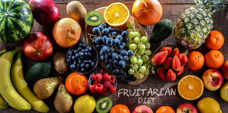 Food products representing the fruitarian diet. Fruitarianism