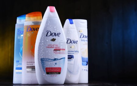 Téléchargez les photos : POZNAN, POL - 4 JUL 2019 : Produits Dove. Introduit sur le marché britannique en 1955, Dove est une marque de soins personnels, aujourd'hui détenue par Unilever et vendue dans plus de 80 pays. - en image libre de droit