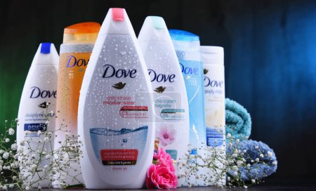 Téléchargez les photos : POZNAN, POL - 4 JUL 2019 : Produits Dove. Introduit sur le marché britannique en 1955, Dove est une marque de soins personnels, aujourd'hui détenue par Unilever et vendue dans plus de 80 pays. - en image libre de droit