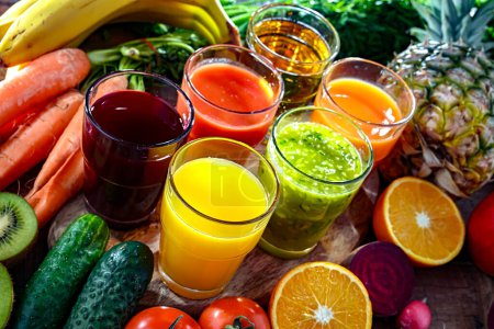 Glasses with fresh organic vegetable and fruit juices. Detox diet