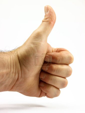 Photo for Thumb up hand. Male hand showing ok yes gesture. Positive approval sign. Body part isolated on white. Empty copy space business success background. Everything is going to be alright. - Royalty Free Image