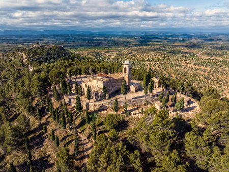 Photo for Calaceite Teruel hermitage of San Cristobal, Spain. Aerial view - Royalty Free Image