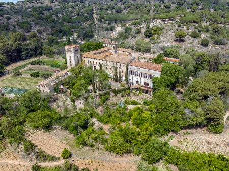 Photo for Aerial view of the Monastery of Sant Jeroni de la Vall de Betlem or Murta in Badalona province of Barcelona Spain, Aerial view main - Royalty Free Image