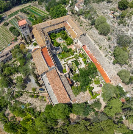 Photo for Aerial view of the Monastery of Sant Jeroni de la Vall de Betlem or Murta in Badalona province of Barcelona Spain,  aerial view zenithal - Royalty Free Image