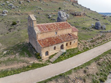 Photo for Hermitage of San Miguel at the foot of Castle Gormaz province of Soria. Spain Aerial view - Royalty Free Image