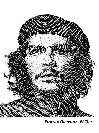 Foto de Retrato de Ernesto Che Guevara líder histórico de Cuba en billetes de tres pesos, de color negro aislado sobre fondo blanco - Imagen libre de derechos