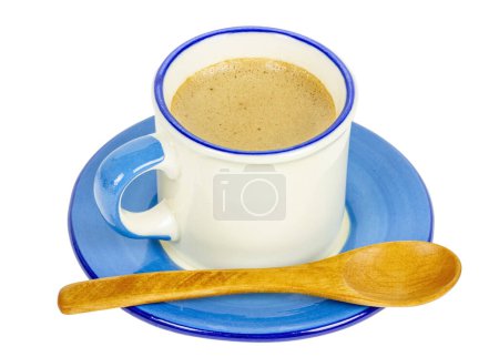 Photo for Cup of coffee with boxwood spoon, on white background - Royalty Free Image