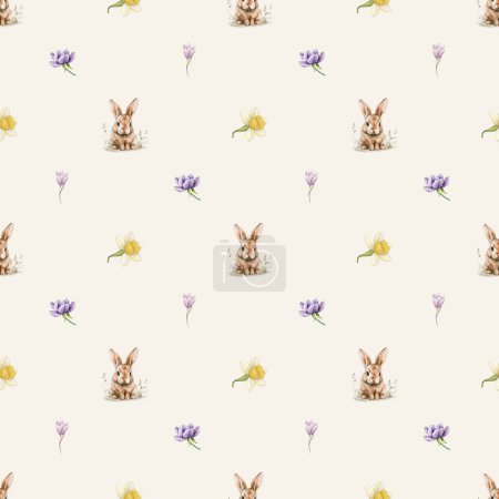 Bunny seamless pattern floral fabric design, spring flowers little illustrations