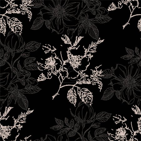 Abstract line art floral seamless pattern, rose hip wild flowers, branch with leaves, beige cream tones on black background. Botanical art print