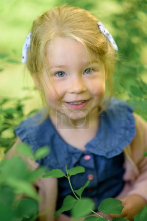 Photo for A little girl 3 years old walks in the park in a dress and a pink sweater. Summer time. The little girl in the bushes looks at the camera with a smile. Close-up. - Royalty Free Image