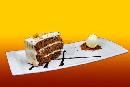 Photo for Composition of a Carrot cake on a white plate with ice cream on a yellow and red background - Royalty Free Image