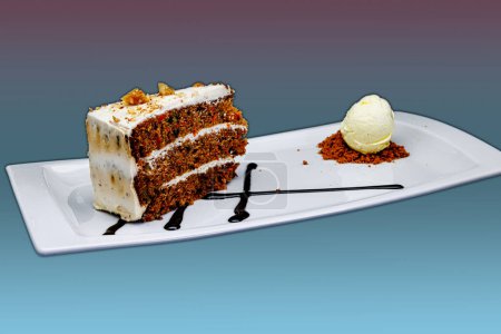 Photo for Composition of a Carrot cake on a white plate with ice cream on a purple and light blue background - Royalty Free Image