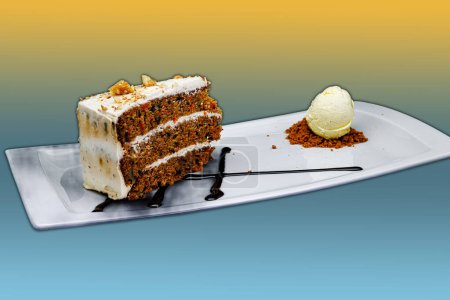 Photo for Composition of a Carrot cake on a white plate with ice cream on a yellow and light blue background - Royalty Free Image