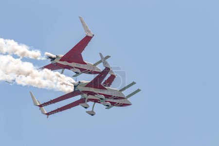 Photo for TORRE DEL MAR, MALAGA, SPAIN-JUL 14: Aircraft of the Patrouille REVA taking part in a exhibition on the 4th airshow of Torre del Mar on July 14, 2019, in Torre del Mar, Malaga, Spain - Royalty Free Image