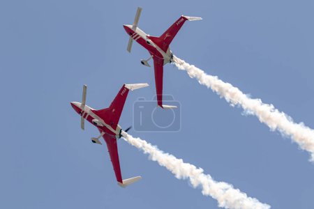 Photo for TORRE DEL MAR, MALAGA, SPAIN-JUL 14: Aircraft of the Patrouille REVA taking part in a exhibition on the 4th airshow of Torre del Mar on July 14, 2019, in Torre del Mar, Malaga, Spain - Royalty Free Image