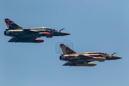 Photo for TORRE DEL MAR, MALAGA, SPAIN-JUL 28: Aircraft Mirage 2000 of the Couteau Delta Tactical Display  taking part in a exhibition on the 2nd airshow of Torre del Mar on July 28, 2017, in Torre del Mar, Malaga, Spain - Royalty Free Image