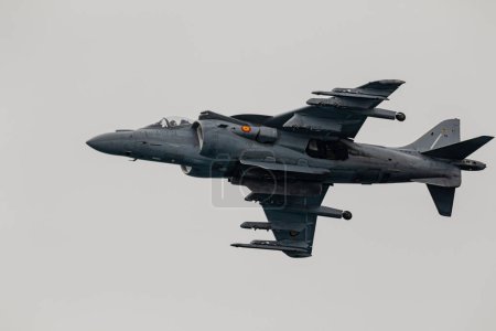 Photo for TORRE DEL MAR, MALAGA, SPAIN-JUL 12: Aircraft AV-8B Harrier Plus taking part in an exhibition on the 4th international airshow of Torre del Mar on July 12, 2019, in Torre del Mar, Malaga, Spain - Royalty Free Image