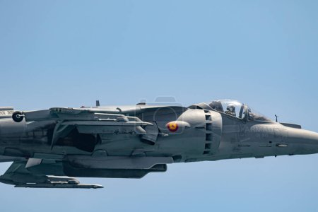 Photo for TORRE DEL MAR, MALAGA, SPAIN-JUL 14: Aircraft AV-8B Harrier Plus taking part in an exhibition on the 4th international airshow of Torre del Mar on July 14, 2019, in Torre del Mar, Malaga, Spain - Royalty Free Image