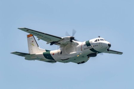 Photo for TORRE DEL MAR, MALAGA, SPAIN-JUL 14:  Aircraft CASA C-235 of Guardia Civil taking part in a exhibition on the 4th airshow of Torre del Mar on July 14, 2019, in Torre del Mar, Malaga, Spain - Royalty Free Image