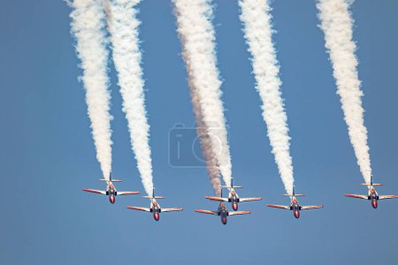 Photo for MOTRIL, GRANADA, SPAIN-JUN 30: Aircraft CASA C-101 of the Patrulla Aguila taking part in a exhibition on the 14th airshow of Torre del Mar on June 30, 2019, in Motril, Granada, Spain - Royalty Free Image