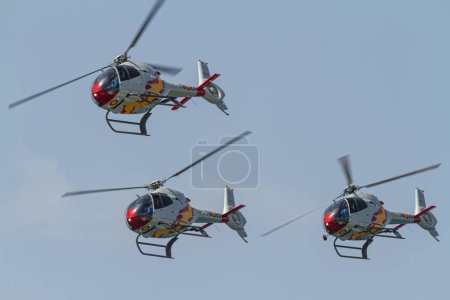 Photo for MALAGA, SPAIN-MAY 28: Helicopters of the Patrulla Aspa taking part in an exhibition on the day of the spanish army forces on May 28, 2011, in Malaga, Spain - Royalty Free Image