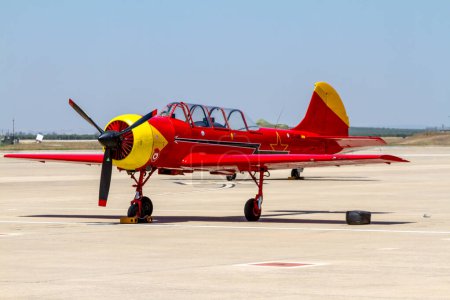 Photo for MORON DE LA FRONTERA, SPAIN-MAY 31: Aircrafts of the acrobatic Patrol Jacob 52 taking part in a exhibition on the open day of the airbase of Morn on May 31, 2015, in Morn de la Frontera, Sevilla, Spain - Royalty Free Image