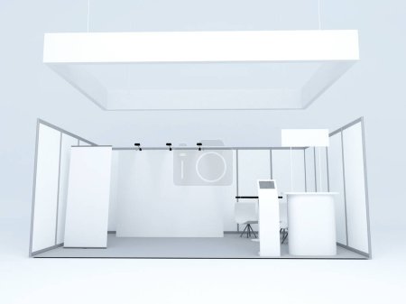 Téléchargez les photos : 3d rendering of a white exhibition booth with a large window and a stand on a black background. - en image libre de droit