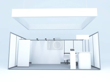 Téléchargez les photos : 3d rendering of a modern exhibition hall with a large window and a stand on a white background. - en image libre de droit
