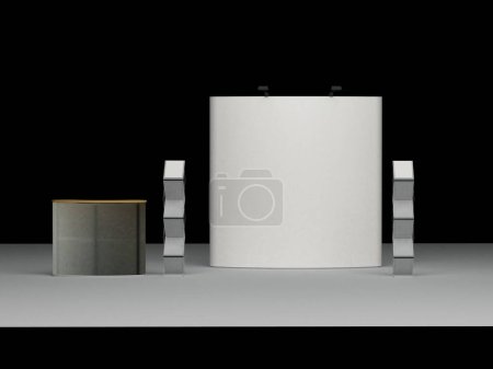 Téléchargez les photos : 3d rendering of a white exhibition stand on a black background. - en image libre de droit
