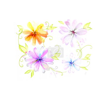 Téléchargez les photos : Fleurs aquarelle, illustration florale, dessinée à la main, isolée sur fond blanc - en image libre de droit