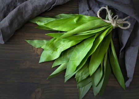 Photo for Wild garlic or ramsons green leaves on wooden background - Royalty Free Image