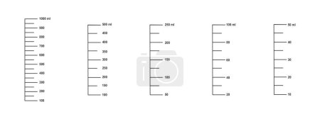 Illustration for Set of scales with 1 liter, 500, 250, 100 and 50 ml liquid volume for measuring cups or jugs to preparing cooking. Vector outline illustration. - Royalty Free Image