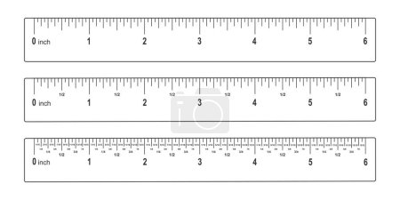 Illustration for Set of 6 inches rulers with markup, numbers and fractions. Math or geometric tools for distance, height or length measuring isolated on white background. Vector graphic illustration - Royalty Free Image