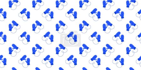 Illustration for Pairs of knitted mittens with snowflakes seamless pattern. Cozy woolen gloves background. Winter, Christmas or New Year design for scrapbooking or wrapping paper. Vector flat illustration - Royalty Free Image