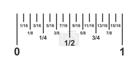 Téléchargez les illustrations : Pouce divisée en 16 fractions. Faisant partie de l'échelle typique de la règle impériale avec marquage et nombres isolés sur fond blanc. Illustration graphique vectorielle. - en licence libre de droit
