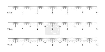 Illustration for Set of 6 inches scale for ruler with markup, numbers and fractions. Math or geometric tools for distance, height or length measuring isolated on white background. Vector outline illustration - Royalty Free Image