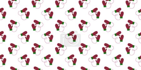 Illustration for Mitten pairs with zigzag pattern background. Repeating cozy woolen gloves. Christmas or New Year seamless design for scrapbooking or wrapping paper, napkin, tablecloth. Vector flat illustration - Royalty Free Image