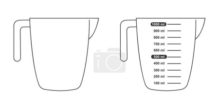 Illustration for 1 liter volume measuring cups with and without capacity scale. Liquid containers for cooking. Vector graphic illustration. - Royalty Free Image