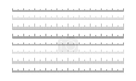 Set of ruler, tape or thermometer scales. Horizontal measuring chart with markup. Distance, height or length measurement of math, sewing, meteorological tool templates. Vector graphic illustration